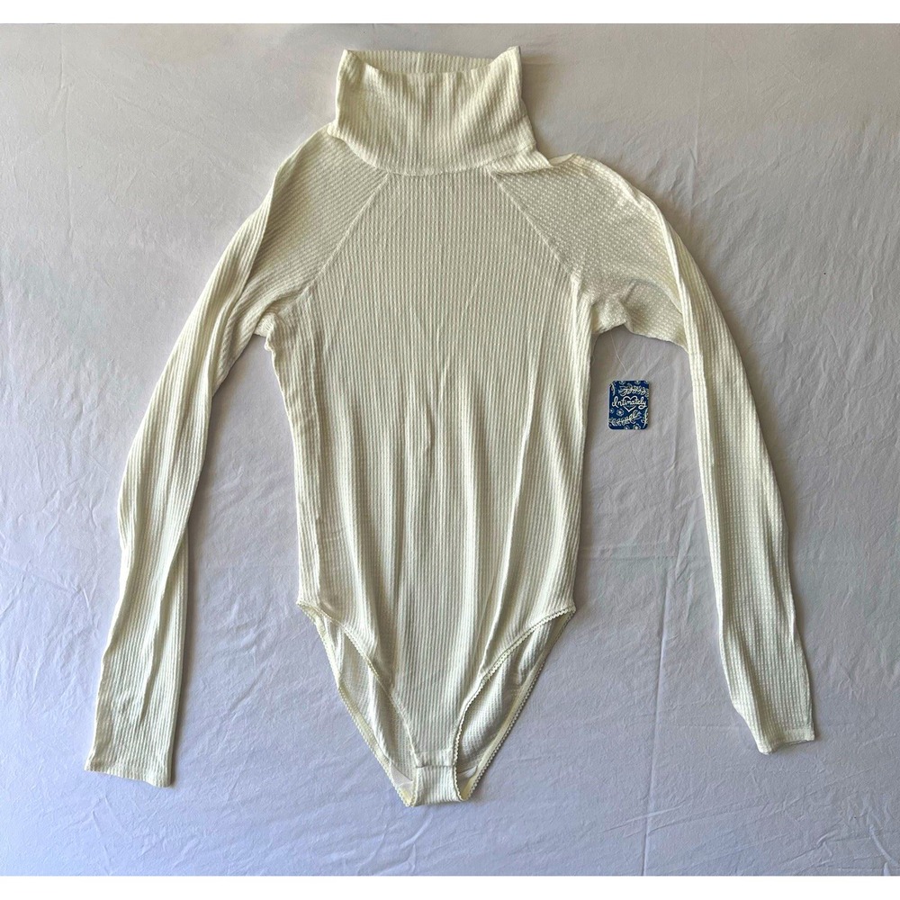 NWT Free People Ivory Ribbed Turtleneck Long Sleeve Bodysuit Stretch Size Large
